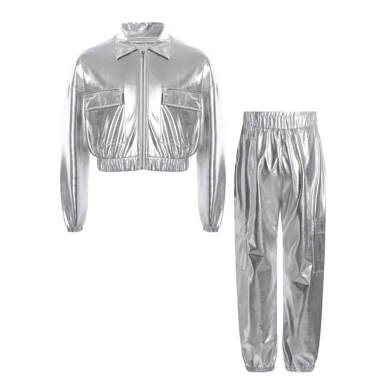 Kids Boys Girls Jazz Hip-Hop Street Dance Performance Costume Metallic Shiny Long Sleeve Athletic Jacket Coat with Pants Outfits - Image 3