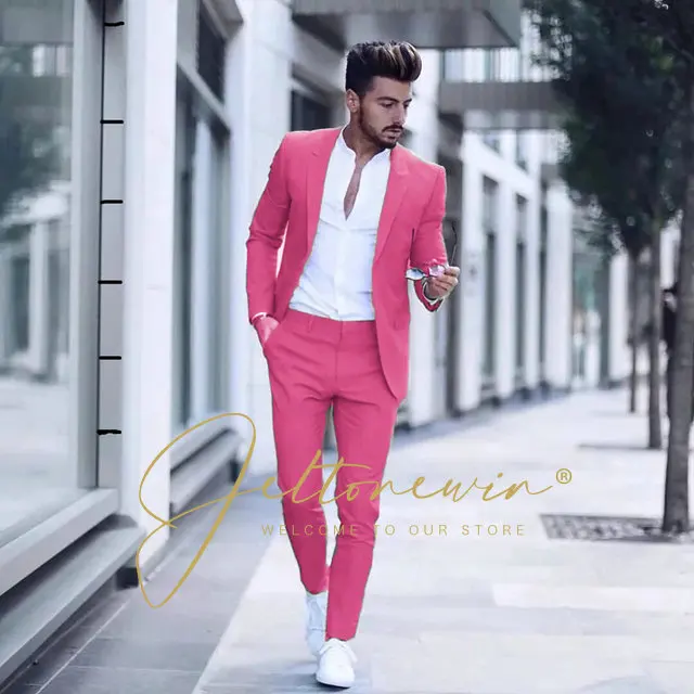 

Classic Pink Suits For Men Slim Fit 2 Piece Jacket Pants Set Formal Groom Wedding Prom Tuxedo Male Office Business Blazer