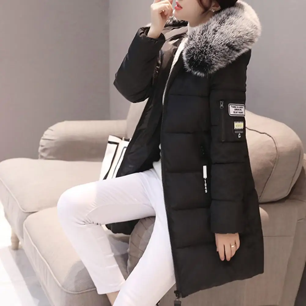 Women Winter Cotton Coat Hooded Mid Length Outerwear Windproof Warm Long Sleeve Jacket Solid Color Slim Fit Lady Down Coat 3