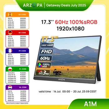 ARZOPA Monitor portatile da 17,3 pollici 1080P HDR IPS Altoparlanti con cavalletto per PC Mac Telefono Xbox Switch PS HDMI USB Schermo esterno per laptop 1