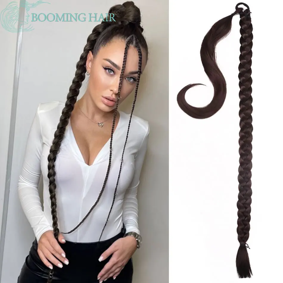 

34inches Synthetic Long Braided Ponytail Hair Extensions for Women Black Brown Pony Tail with Hair Rope High Temperature Fiber
