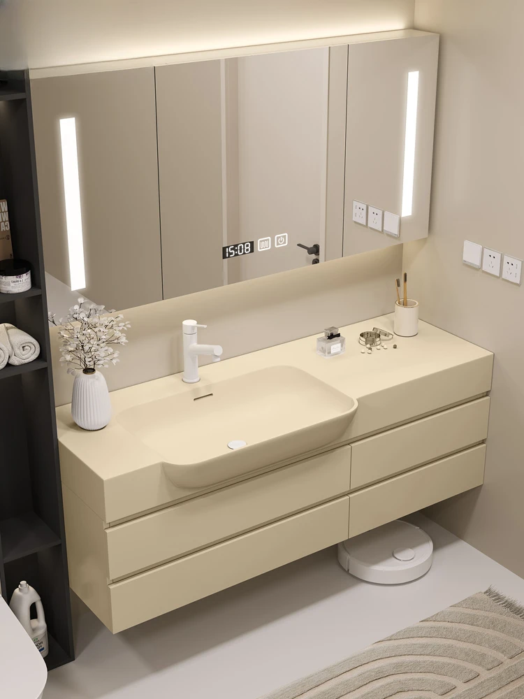 

Customized integrated basin bathroom cabinet combination cream style skin feeling seamless washbasin