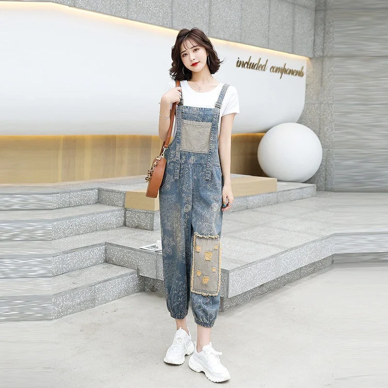 

Denim Overalls Women's Thin Section 2022 Summer New Korean Version Loose Western Style One-piece Wide-leg Pants Nine-point Pants
