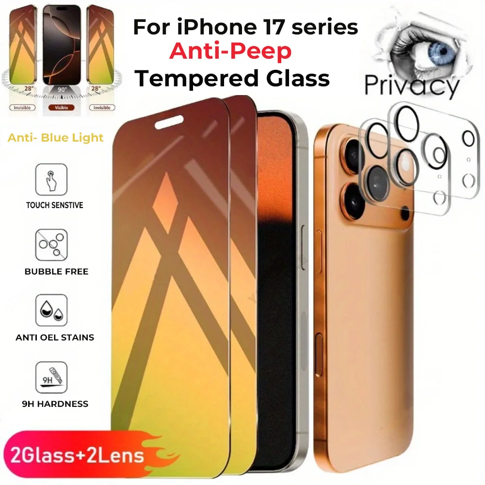 NNBILI 2 Sichtschutzfolie + 2 Objektiv-Displayschutzfolie für iPhone 17 Pro Max, Schutzfolie, blasenfrei, kratzfest, vollständige Abdeckung, Farbverlauf