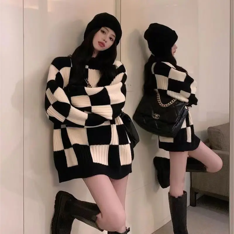 

Pullover chessboard sweater autumn and winter women senior design sense number knitwear soft glutinous sweater pullover female