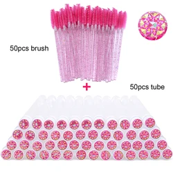 50-Pack Crystal Eyelash and Eyebrow Brush Set with Storage Tubes (50pcs hot pink glass)