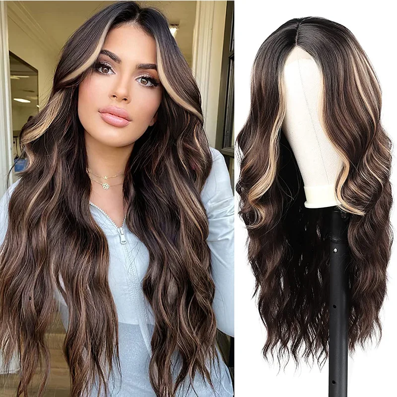 

26Inch Synthetic Lace Front Wig for Women Natural Brown Ombre Long Wavy Wigs Hair Heat Resistant Cosplay Daily