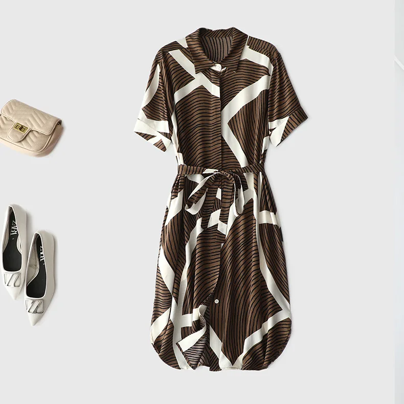 thumbnail image 1 of Vestido de seda 100 % natural de morera para mujer, vestido midi con estampado de verano 2023, vestidos de cuello vuelto en forma de A, 1 of 5