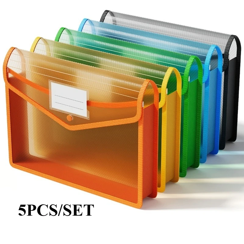 Set di 5 buste portadocumenti trasparenti in PP formato A4 con bottoni, rinforzate e con bordi rifiniti, ideali per archiviare cartelle e documenti._voghion.com