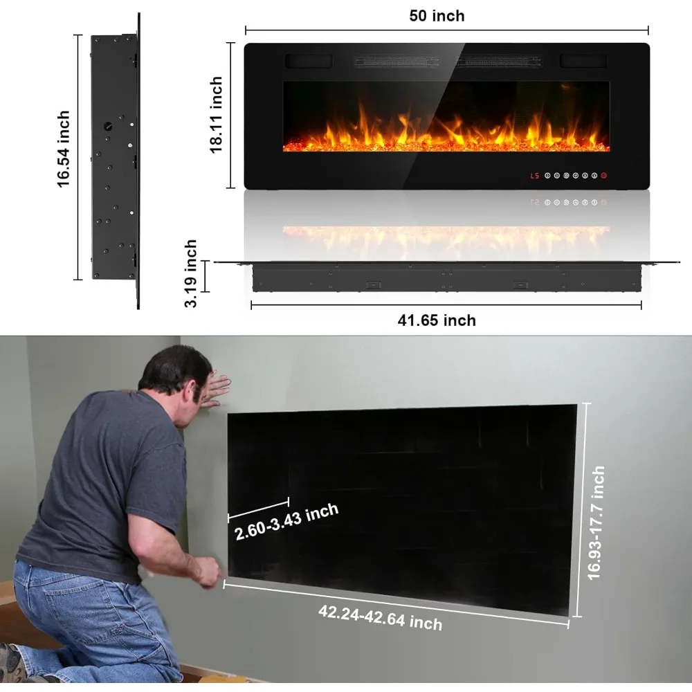 50 inch Electric Fireplace Wall Mounted/Freestanding-Ultra Thin Fireplace Inserts for Living Room with Heater, Remote Control 6