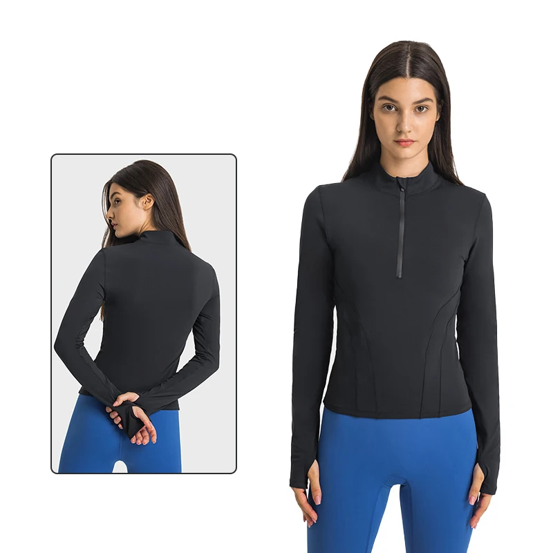 

Stretch Nylon Mock-Neck Quarter-Zip Sweatshirt Gym Top Women Long Sleeve Running Workout Yoga Shirts with Thumb Holes