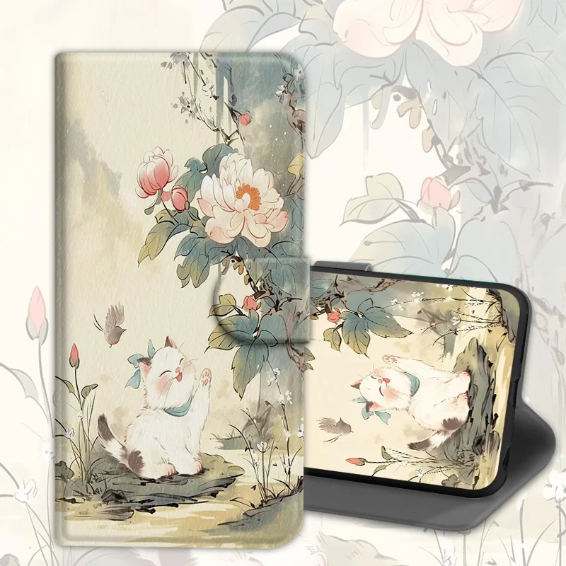 Elegant Leather Magnetic Flip Case - Adorable Cat Design Wallet Cover