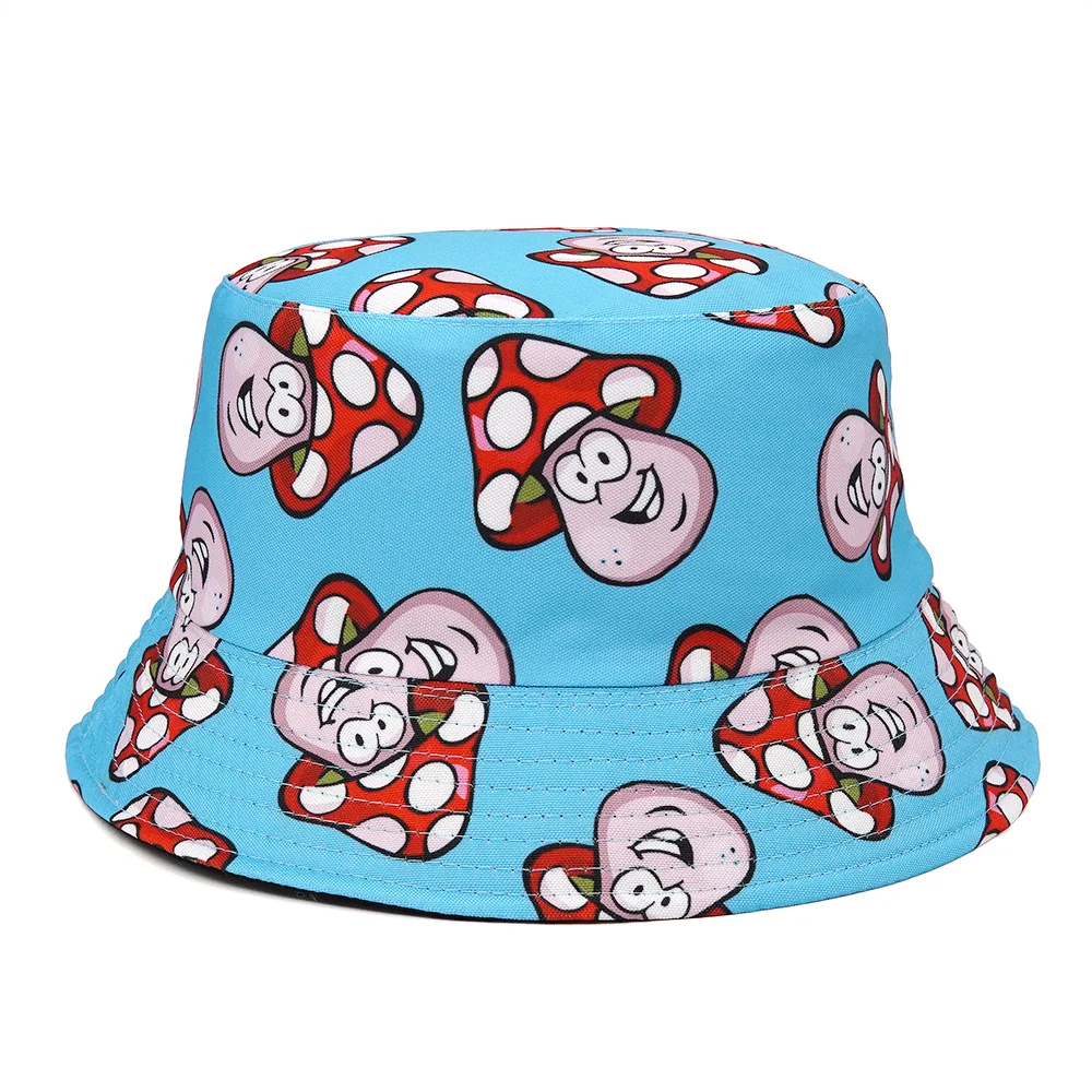 Summer Mushroom Print Reversible Bucket Hat Men Outdoor Fisherman Cap Street Beach Bob Women Double Side Panama Hat