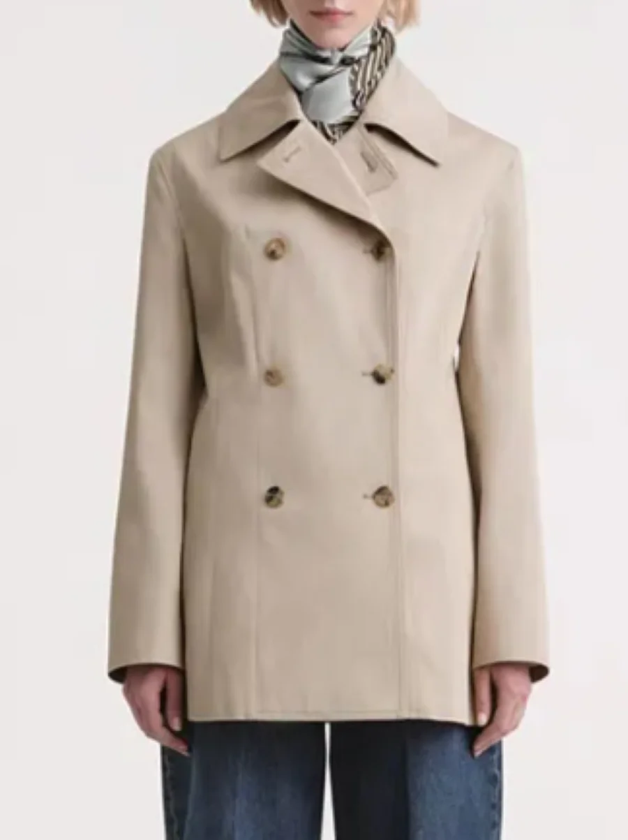 

Women Coat Double Breasted Turn Down Collar Long Sleeve Vintage Jacket