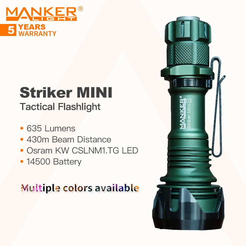 Manker Striker MINI Rechargeable Tactical Flashlight, 635 Lumens 430m Beam Throw, 14500 Battery, Multiple Colors Available, EDC