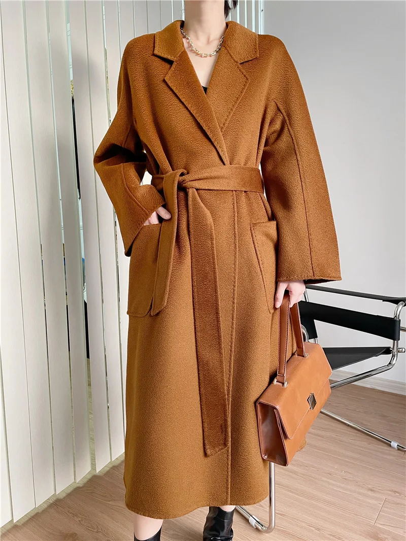 Se7350e4606484f61b690f476c89237253 Cashmere Coat Female Winter Mid-Length Corrugated Coat Black Wool Coat Woman Autumn New Casual Fashion Red Beige Lace-Up Coat Mallzona