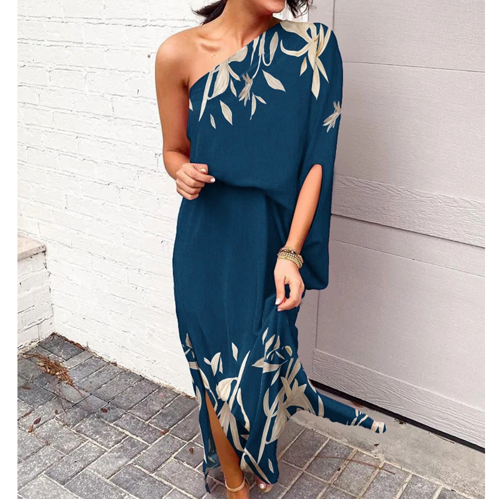 

Wepbel Summer Dress Women Waist Loose Split Hem Trimming Casual Dress Long Sleeve Slim Fits Printed One-Shoulder Maxi Dress