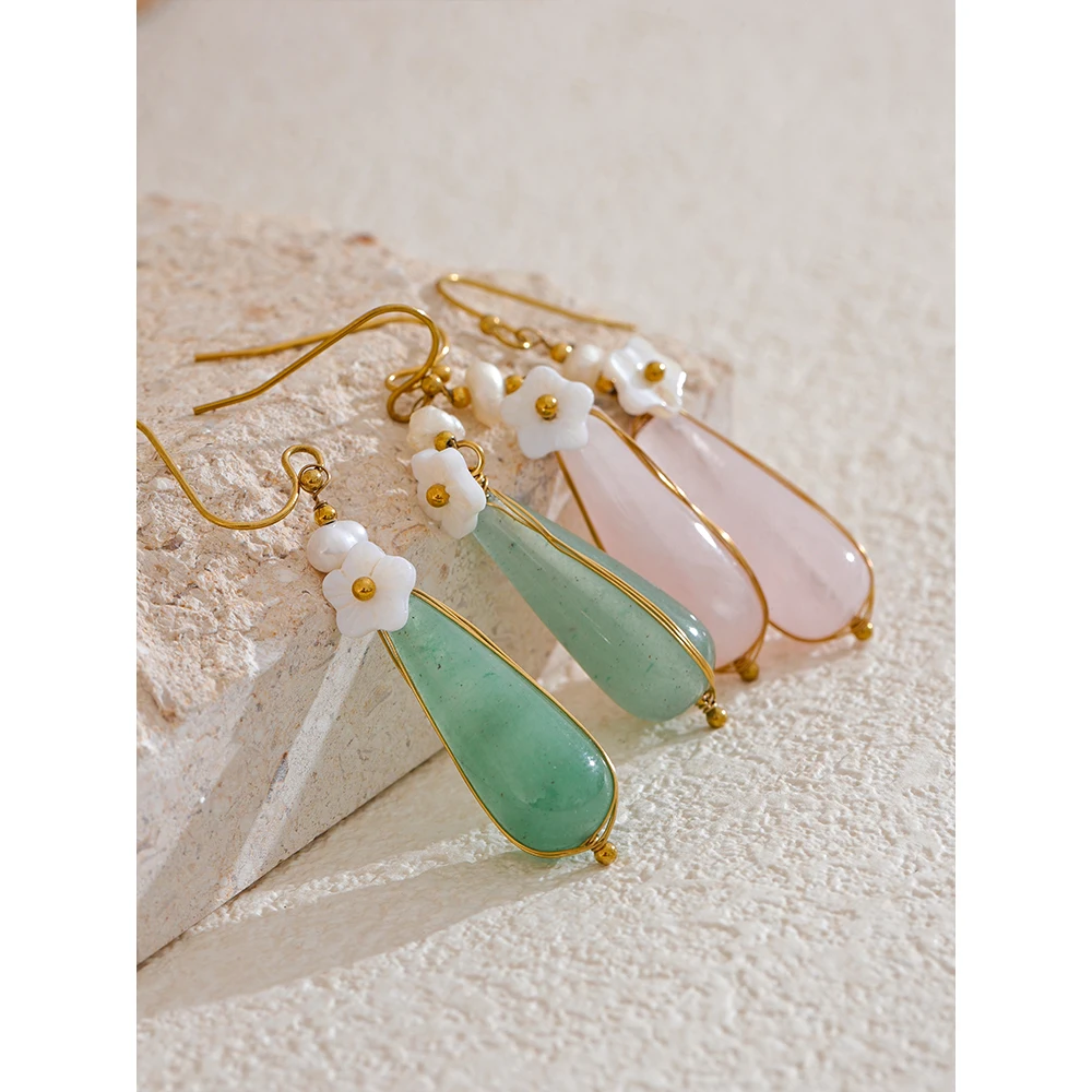 KOKO Ohrringe Mit Natursteinen - Rosa Quarz & Grün Quarz Vergoldet