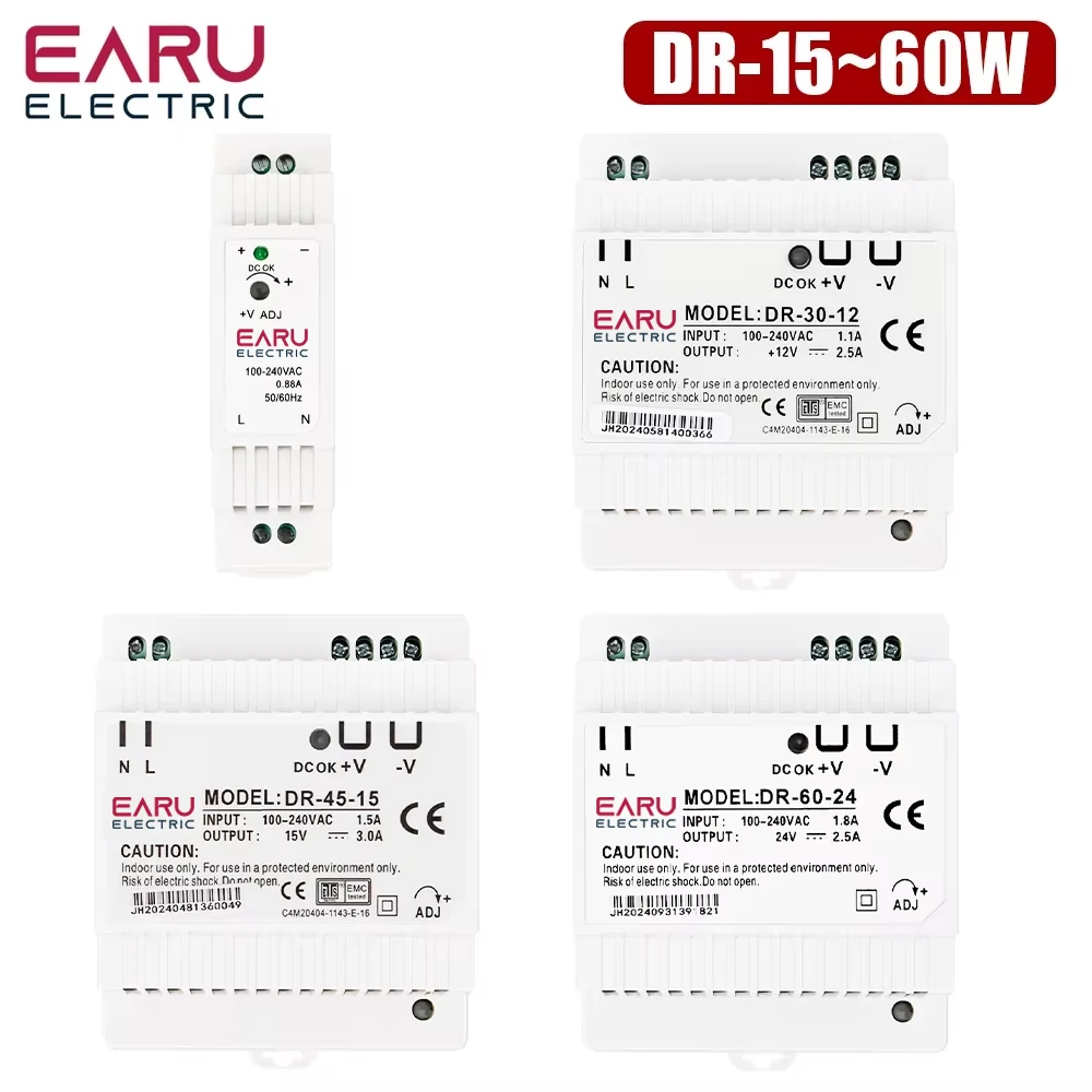 15W 30W 45W 60W เอาต์พุตเดี่ยว DC 5V 12V 24V อุตสาหกรรม Din Rail แหล่งจ่ายไฟอินพุตสวิทช์ 100-240VAC DR-15 DR-30 DR-45 DR-60 1