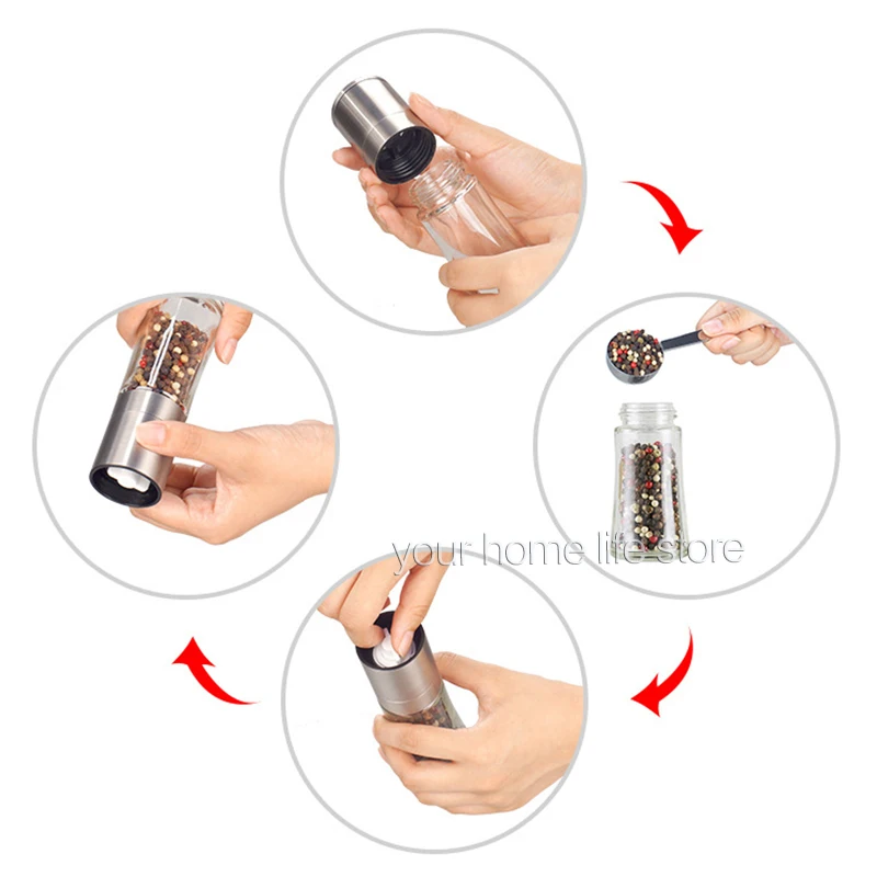 Set 2 Macinasale E Pepe In Vetro Con Macina In Ceramica Regolabile: 180ml, Manici In Acciaio Inox, Ermetici - 3