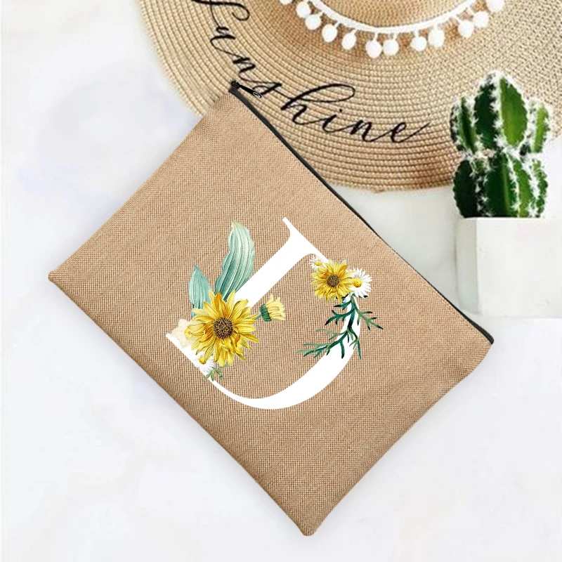 Initial Letter Flower Cosmetic Bags Summer Beach Travel Organizer Case Women Neceser Make Up Bag Linen Zipper Pouch  Mujer Bolsa