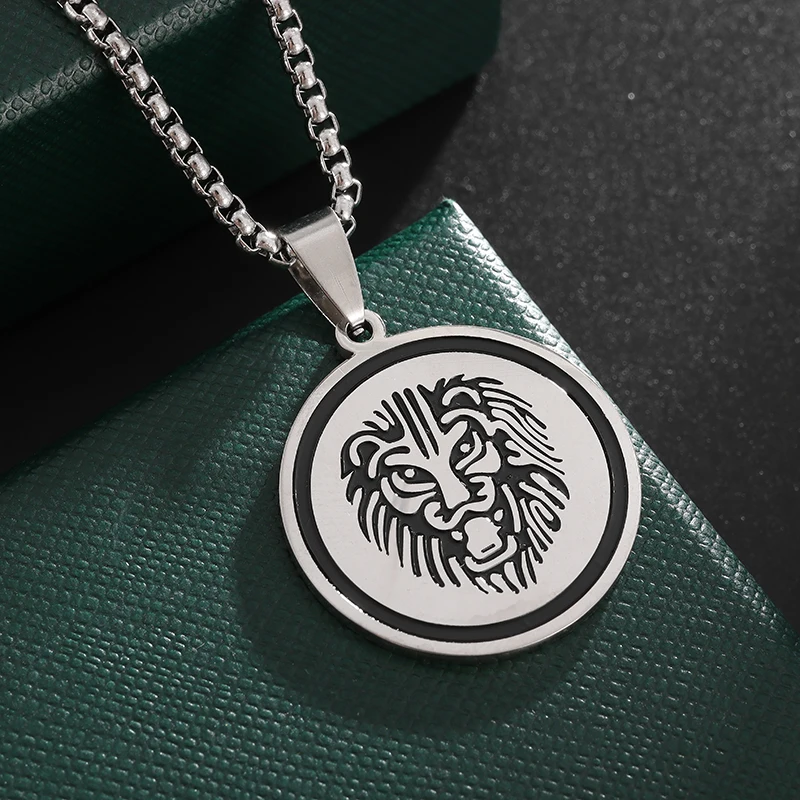 

New Fashion Stainless Steel Domineering Lion Head Round Pendant Necklace Men Women Trendy Amulets Punk Party Jewelry Gifts