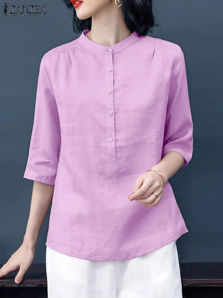 

Женская летняя однотонная хлопковая блузка ZANZEA 2024, элегантная рубашка, модные офисные топы с рукавом 3/4, блузы на пуговицах, Повседневная Праздничная туника