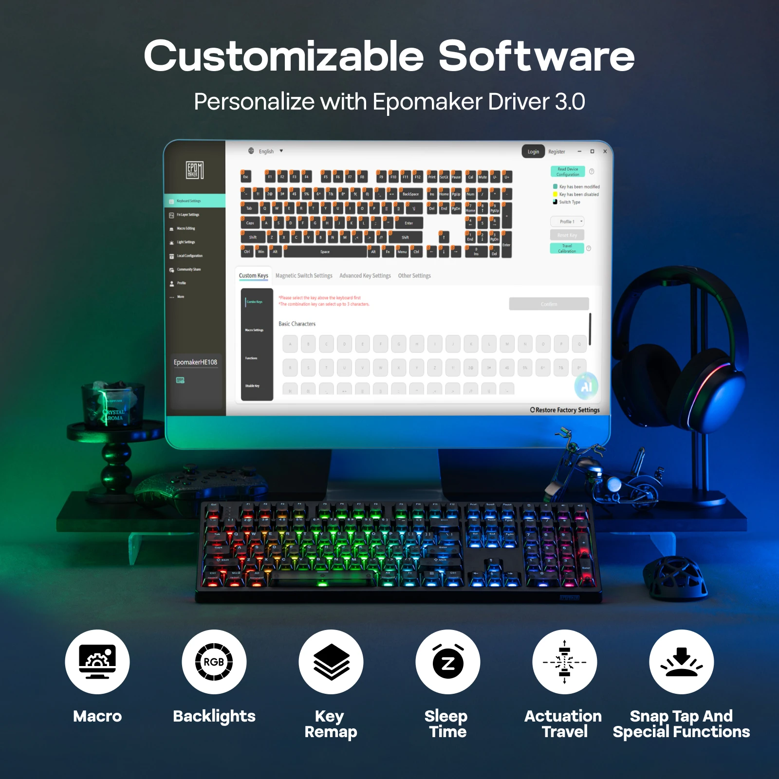EPOMAKER HE108 100% ANSI US QWERTY 레이아웃 유선/BT/2.4Ghz 무선 홀 이펙트 기계식 키보드 (SOCD/DKS 및 래피드 트리거 기능 탑재)