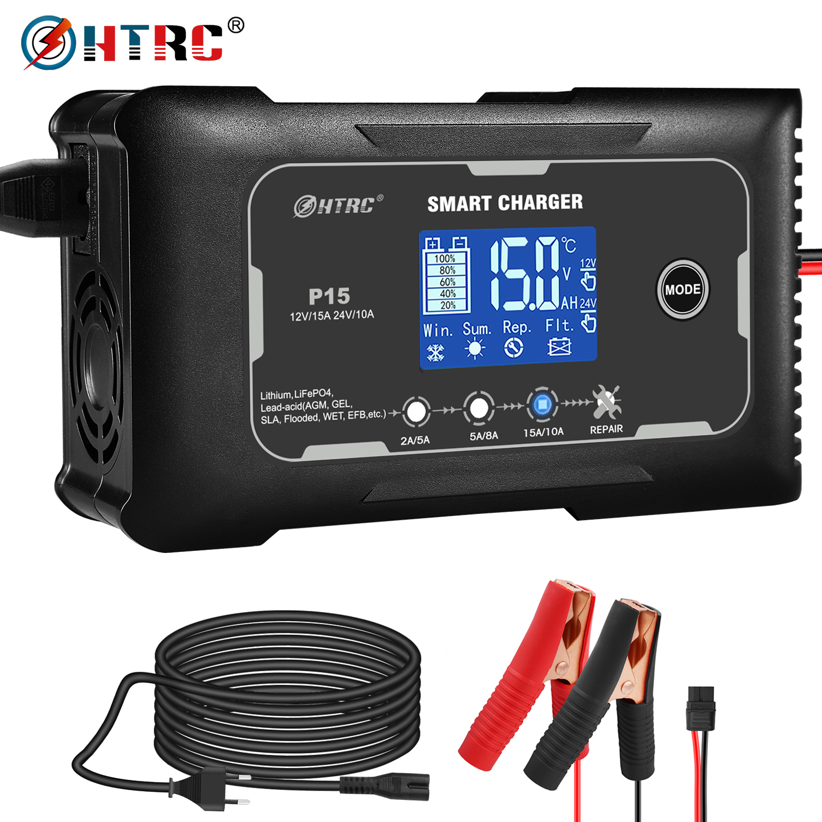 HTRC 12V-24V 35A/25A/20A/15A/10A Car Battery Charger LCD Automatic Pulse Repair Charge for Lifepo4 AGM Lead-Acid Lithium Batteri
