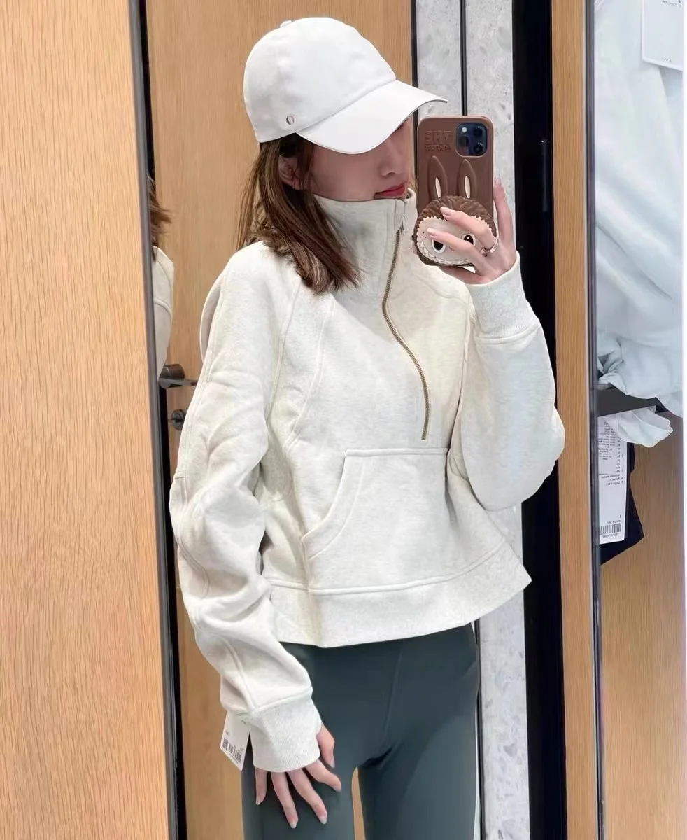 

LuluLogo Women Scuba Half Zipper High Collar Sports Pullover Autumn Winter Thickened Warm Outdoor Training Short Running Jacket