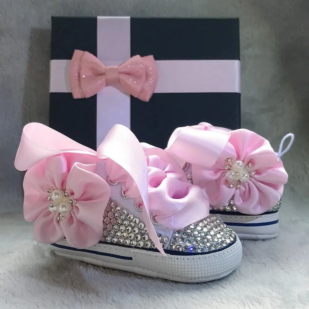 Baby shoes Dollbling Bling Rhinestones Canvas White Ribbon Hair Bows Headband Gift Keepsake Birthday Newborn Toddler Crib Pearls
