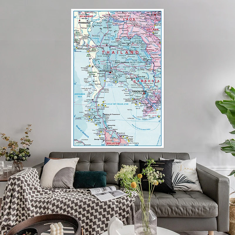 150*225cm Map of The Thailand Non-woven Canvas Painting Wall Art Print Unframed Poster Living Room Home Decor Office Supplies