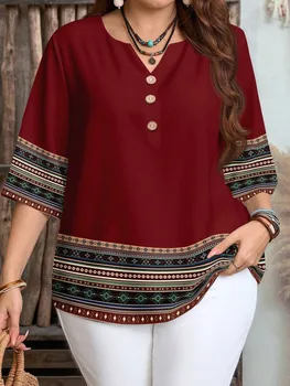 Plus size women's spring/summer/autumn new retro pattern front button leisure short sleeve shirt essential summer outfit 1