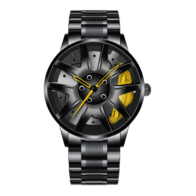 for Men Waterproof Vacuum Plating Strap with Car Wheel Rim Hub Design Sport Automatic Quartz Wristwatch
