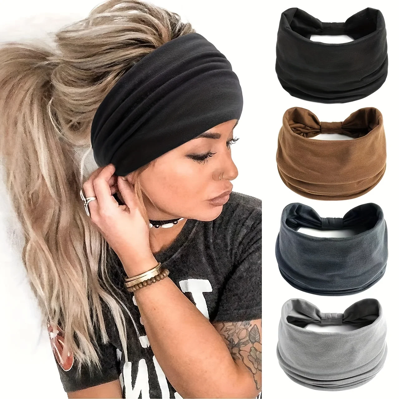 Diadema ancha para mujer, Color sólido, poliéster, elástico para todas las estaciones, envoltura para el cabello, turbante deportivo grueso bohemio para Yoga, accesorio para diadema