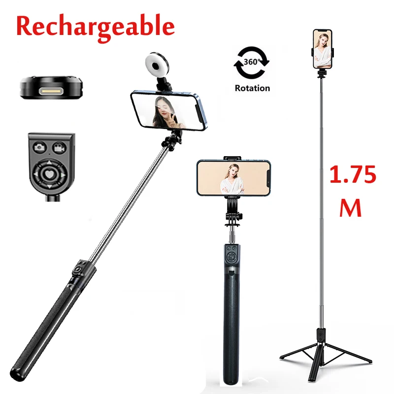1.75M Ricaricabile Lungo Esteso Bluetooth Wireless Selfie Stick Live Broachast Stream Stand Holder Treppiede Smartphone Pieghevoli