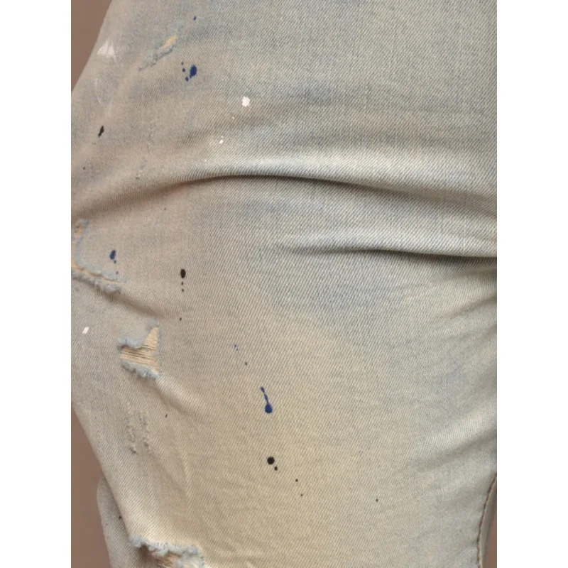 Spring thin light blue spray paint distressed MEN'S jeans fashion trendy elastic slim fit patch straight leg casual denim pants