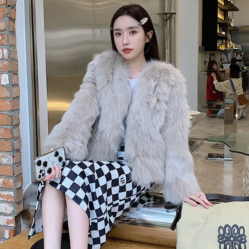 Korean Faux Fox Fur Coat Women Autumn Winter V-Neck Short Jacket All-Match Warm Long Sleeve Luxury Outwear Loose Shaggy Overcoat