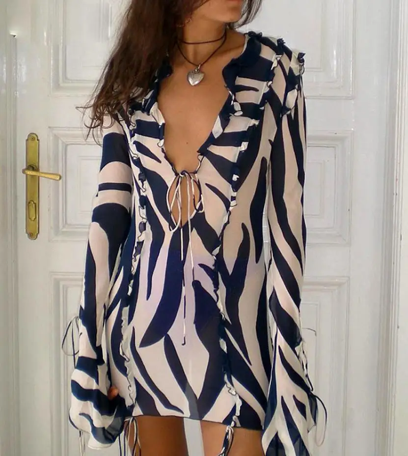 Yiiciovy Women's Sexy Blue Striped See-through Bikini Cover-Ups Lace Up V-neck Beachwear Bathing Dress Cover-Ups Swimwears 2023 4