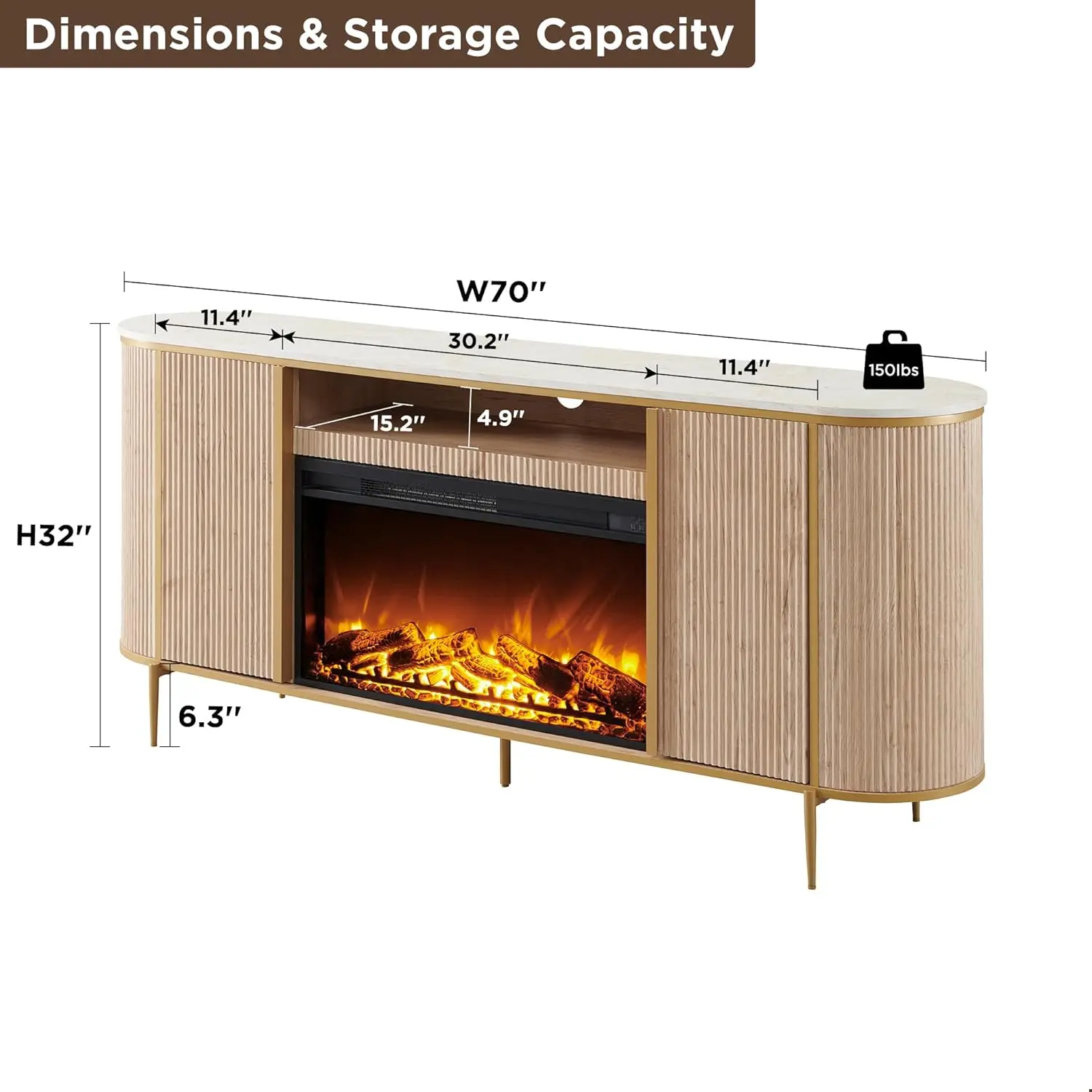 Luxury 70" Fluted Fireplace TV Stand, Modern Chic Entertainment Center,Curved Profile Design, Media Console, Natural Oak 6