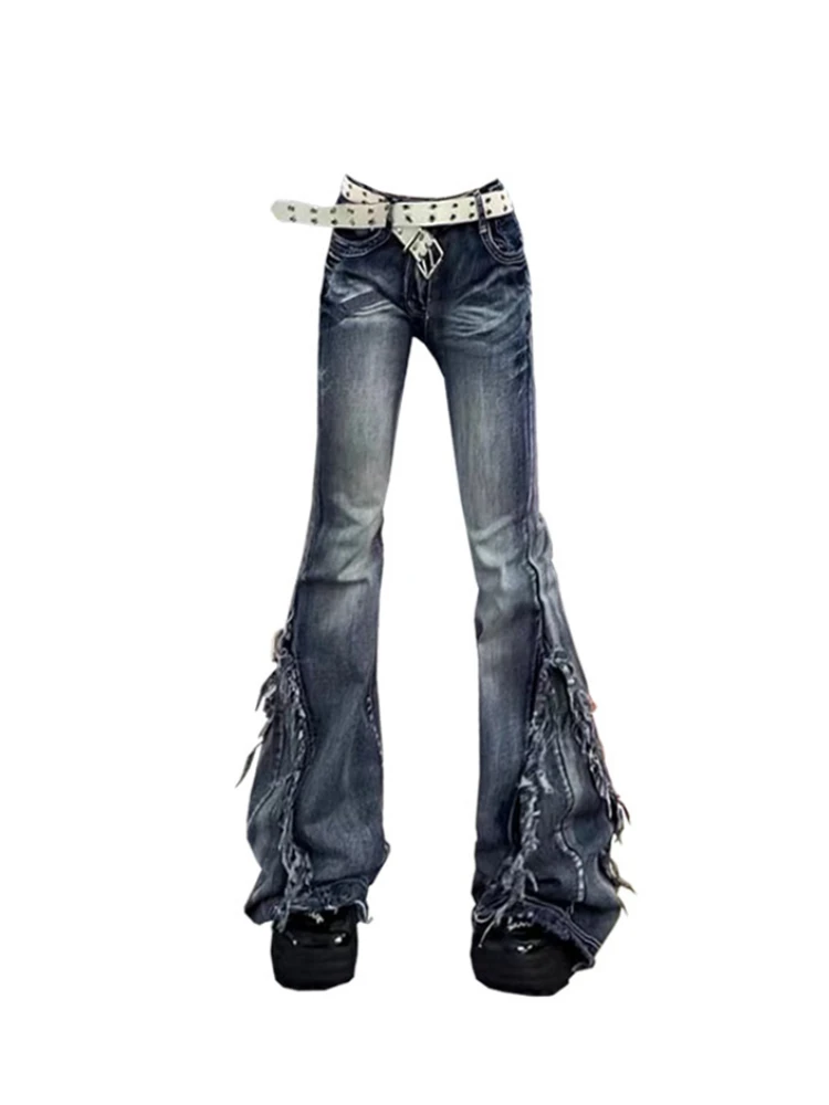 

American Retro Y2K Flare Jeans Scratched Slim Bell Bottoms Women Fashion Gyaru Denim Pant Raw Edge Trousers Hip Hop High Street