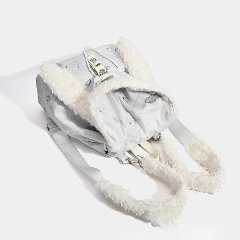 Cute Fluffy Rabbit Ears Hat Backpack for Autumn Winter New Design High-sense Large Capacity Hundred-match Bag for Women