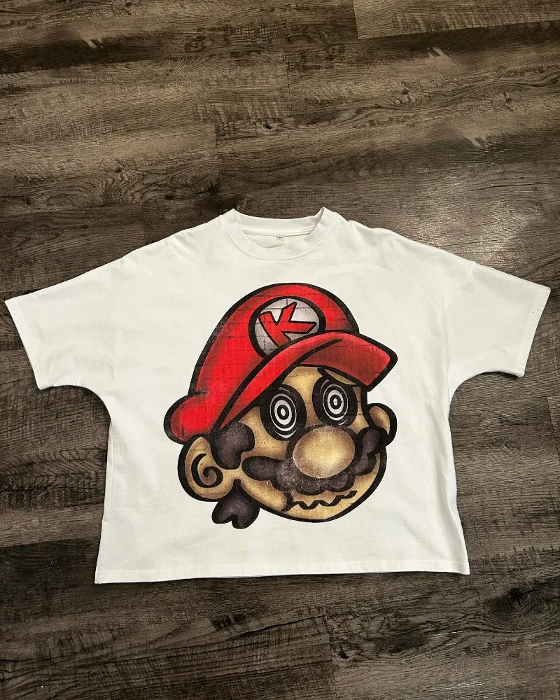 

Уличная футболка в стиле хип-хоп с маленьким красным капюшоном с мультипликационным принтом женская модная повседневная свободная футболка Y2k в стиле Харадзюку для пары