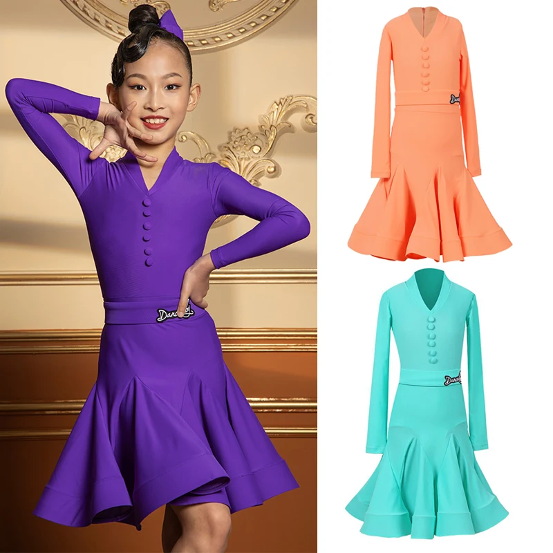 

Kids Latin Dance Dress For Girls Competition Dresses Purple/Orange/Turquoise Color Latin Dance Clothes Samba Show Costume