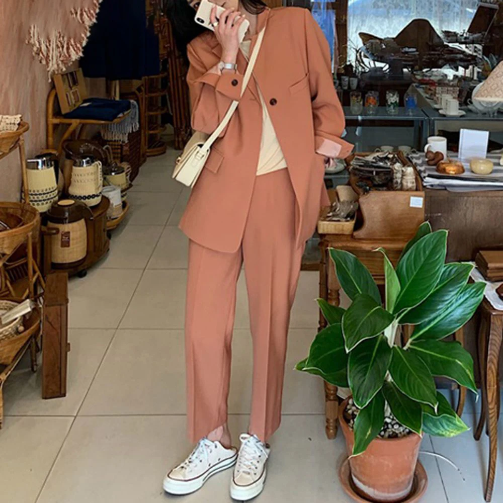 

Elegant 2 Pieces Set Women Casual Pant Suits Single Button Jacket & High Waist Loose Trousers 2023 Spring Stylish Blazer Suit