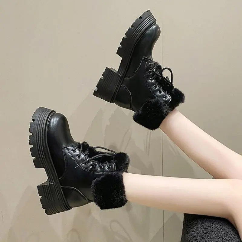 Fashion Ladies Shoes Lace Up Women is Boots Winter Plush Fleece for Warmth Round Toe Solid Short Barrel Square Root Naked Boots