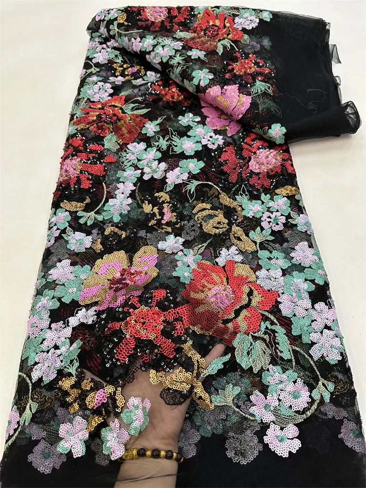 

High Quality Embroidery Nigerian Lace Fabric Sequins Lace Fabrics African French Tulle Mesh Lace For Sewing 5Yards