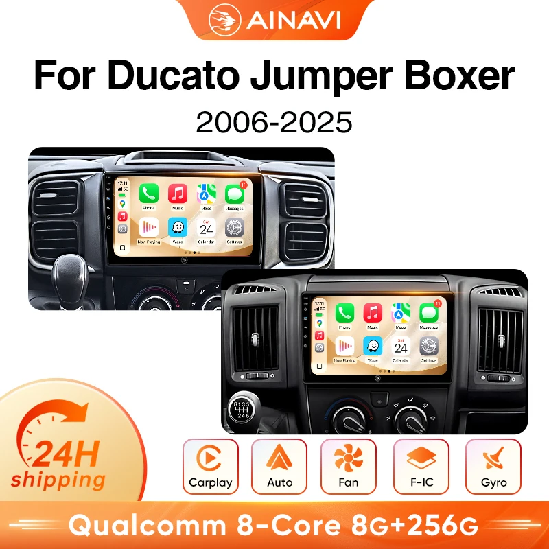 Radio para coche Ainavi Android de 9" con Carplay inalámbrico, navegación GPS para Fiat Ducato 2005-2024, Citroen Jumper, Peugeot Boxer, Android Auto, reproductor multimedia 4G para coche, SWC, BT5.0, HD IPS, salida HDMI, MP5, FM, AM, RDS, giroscopio, autorradio 2 DIN. 1