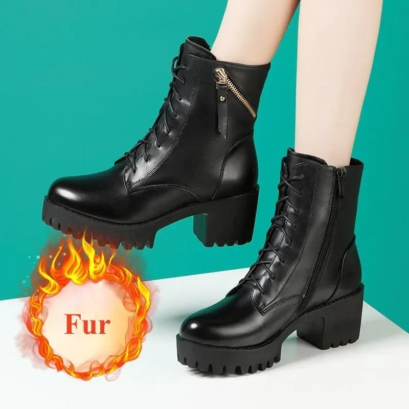 8 10cm Small Size 32-43 British Genuine Leather Shoes Women's Motorcycle Boots 2024 Fall Winter Block High Heels Ankle Boots
