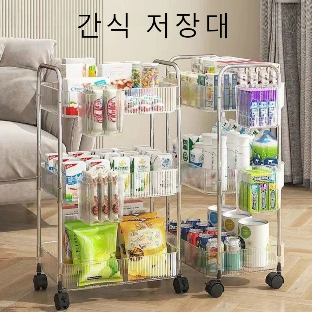 Acrylic Trolley 3 Tiers With 3 Removable Hanging Baskets Transparent Rolling Cart Kitchen Multi Functional Snack Mobile Racks